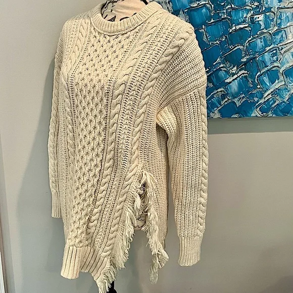 J.Crew Cable Knit Sweater with Side Slit Fringe Detail in Ivory - Picture 2 of 16